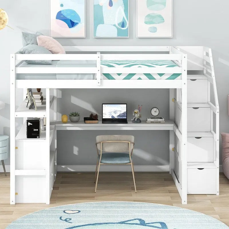 Lit mezzanine double en bois avec bureau, étagères, deux tiroirs intégrés et escalier de rangement