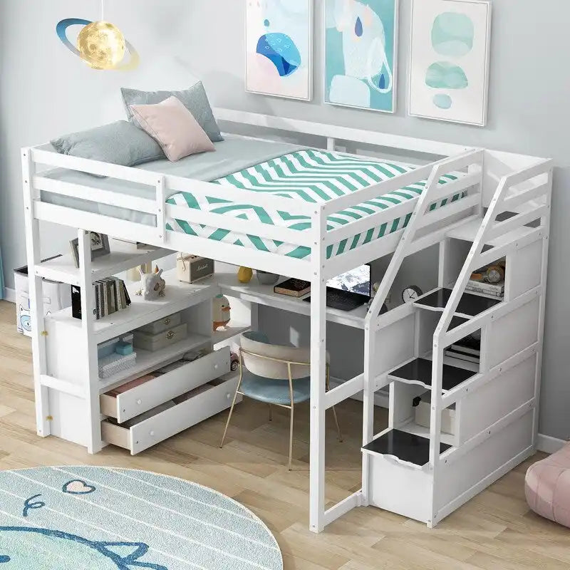 Lit mezzanine double en bois avec bureau, étagères, deux tiroirs intégrés et escalier de rangement