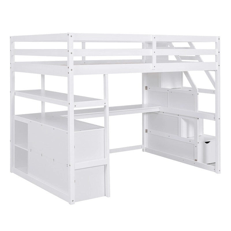 Lit mezzanine double en bois avec bureau, étagères, deux tiroirs intégrés et escalier de rangement