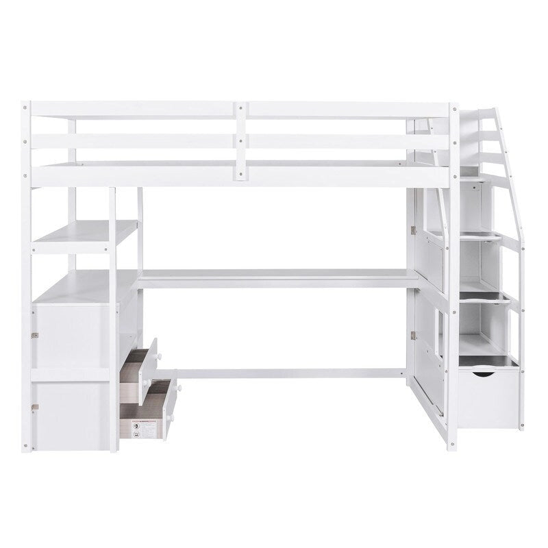 Lit mezzanine double en bois avec bureau, étagères, deux tiroirs intégrés et escalier de rangement