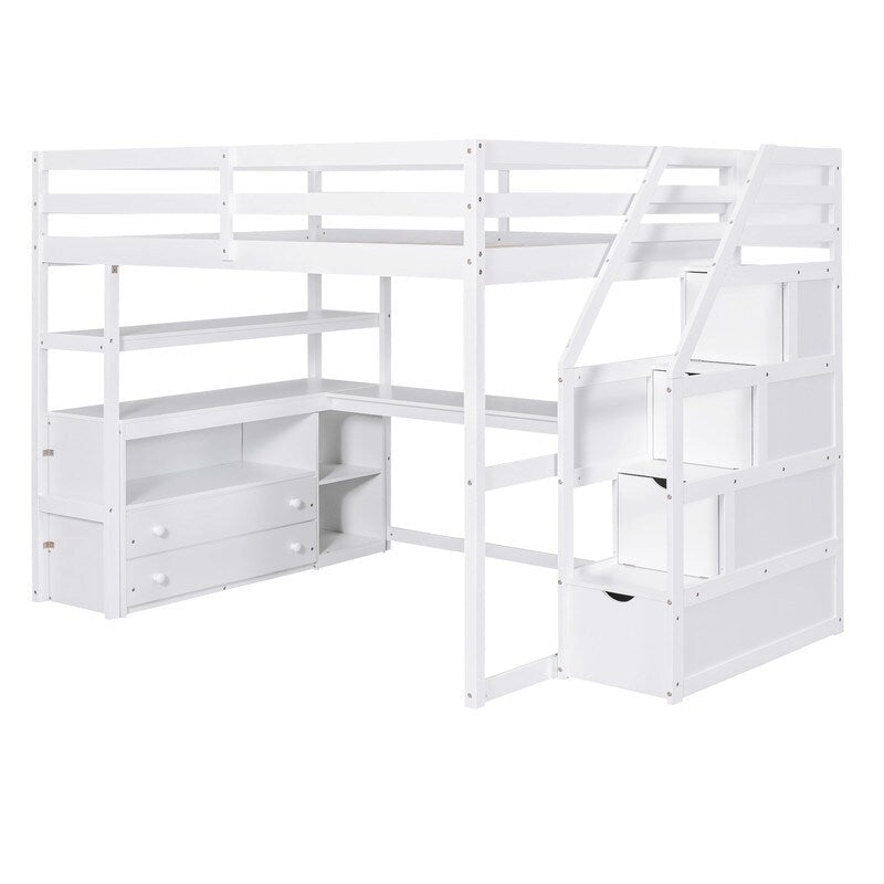 Lit mezzanine double en bois avec bureau, étagères, deux tiroirs intégrés et escalier de rangement