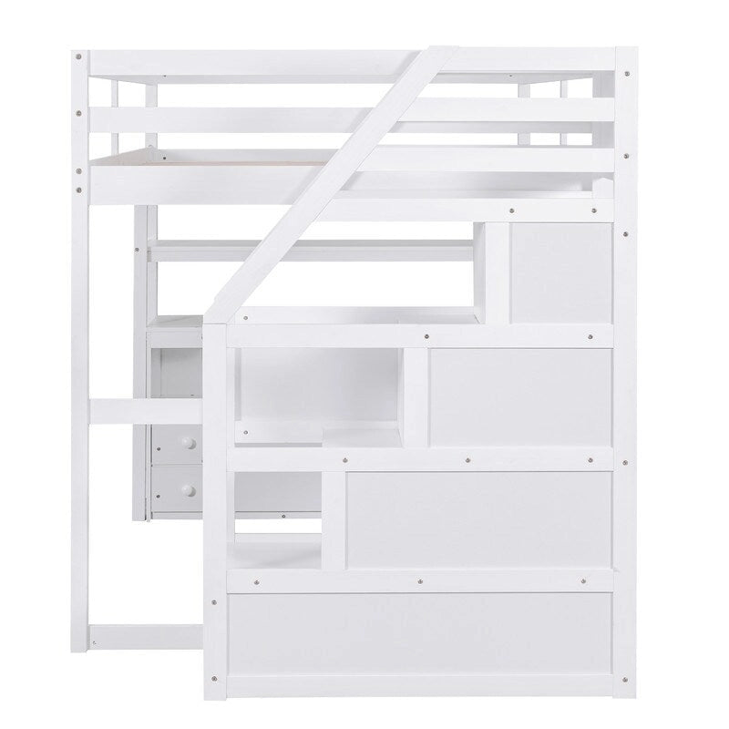 Lit mezzanine double en bois avec bureau, étagères, deux tiroirs intégrés et escalier de rangement