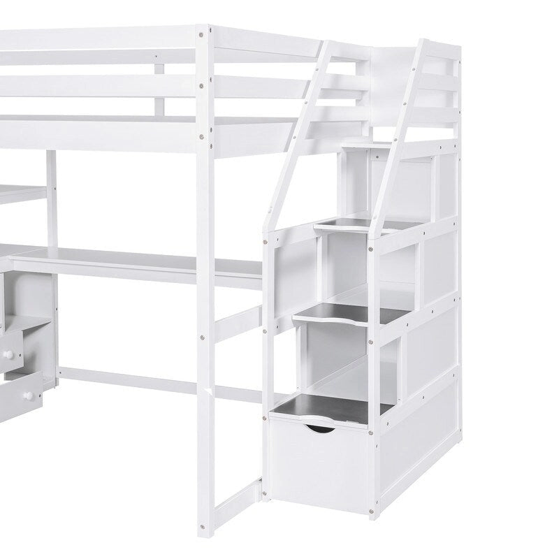 Lit mezzanine double en bois avec bureau, étagères, deux tiroirs intégrés et escalier de rangement