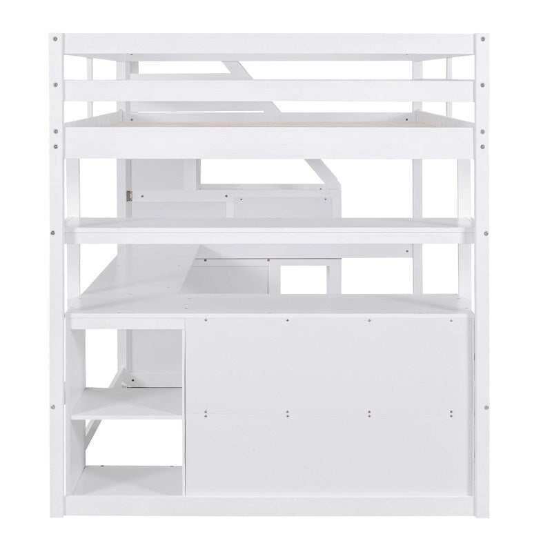 Lit mezzanine double en bois avec bureau, étagères, deux tiroirs intégrés et escalier de rangement