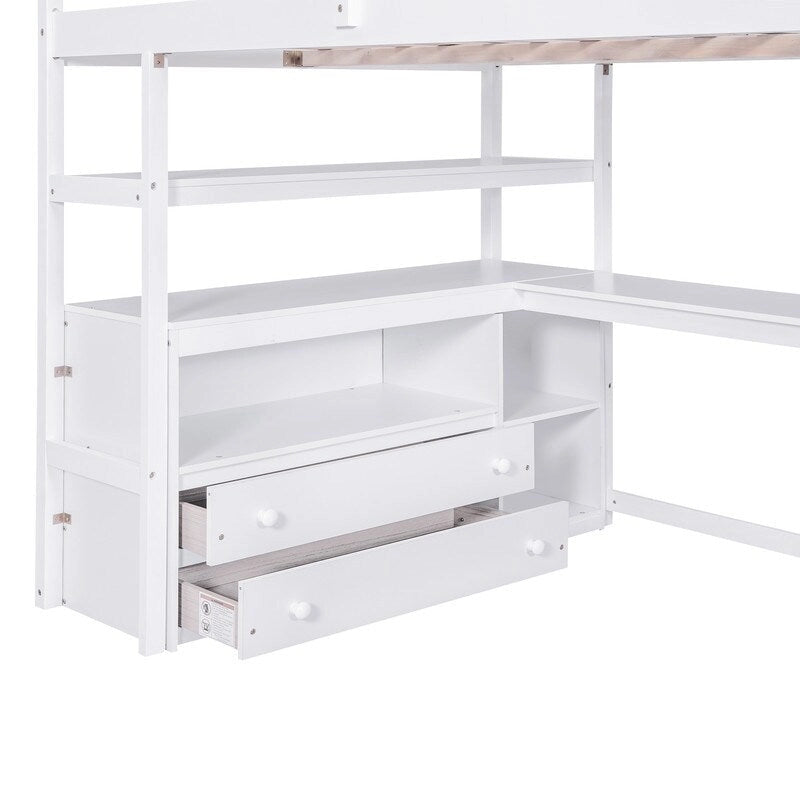 Lit mezzanine double en bois avec bureau, étagères, deux tiroirs intégrés et escalier de rangement