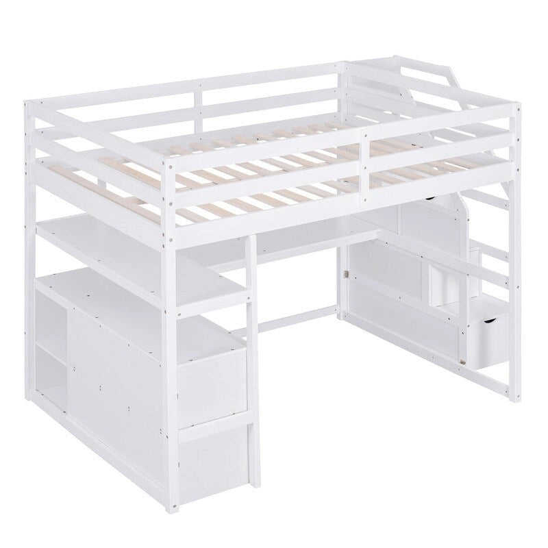 Lit mezzanine double en bois avec bureau, étagères, deux tiroirs intégrés et escalier de rangement