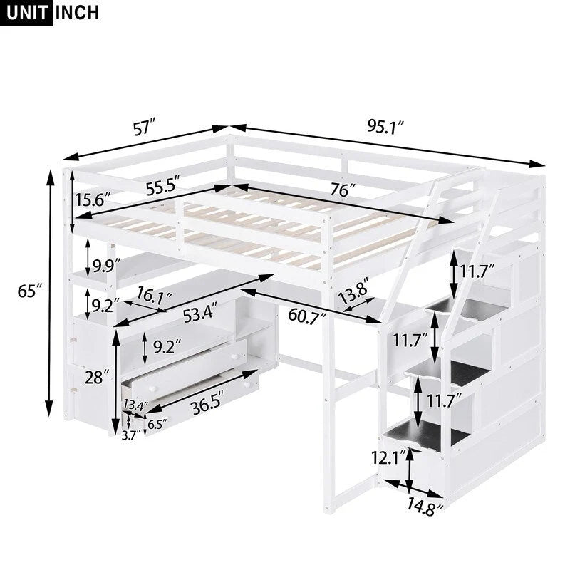 Lit mezzanine double en bois avec bureau, étagères, deux tiroirs intégrés et escalier de rangement