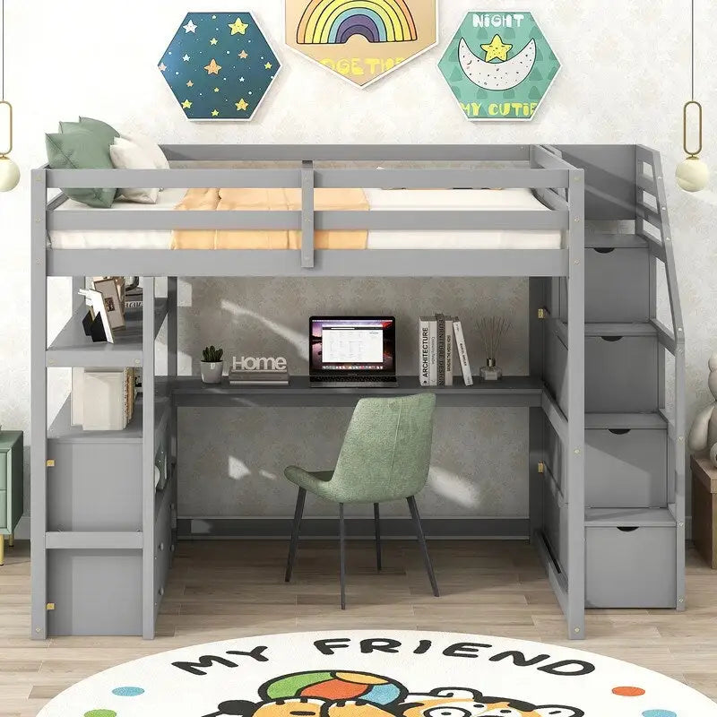 Lit mezzanine double en bois avec bureau, étagères, deux tiroirs intégrés et escalier de rangement