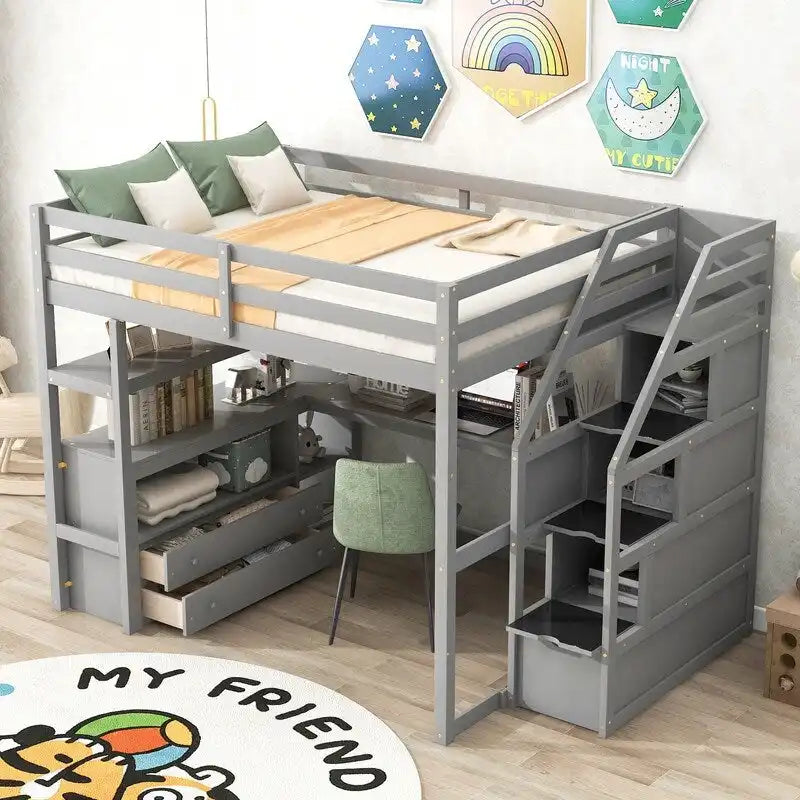 Lit mezzanine double en bois avec bureau, étagères, deux tiroirs intégrés et escalier de rangement