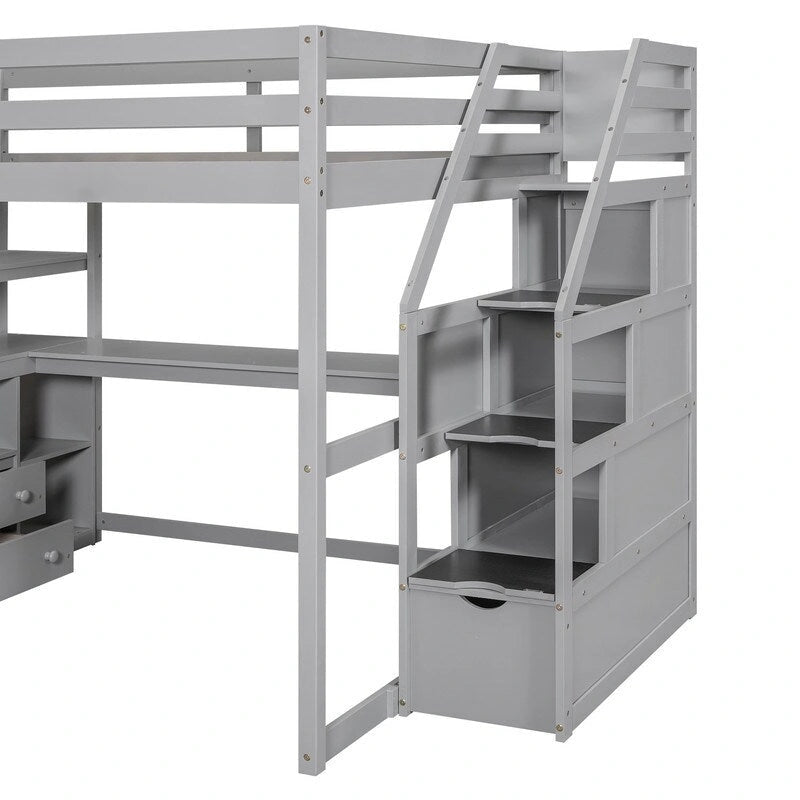Lit mezzanine double en bois avec bureau, étagères, deux tiroirs intégrés et escalier de rangement