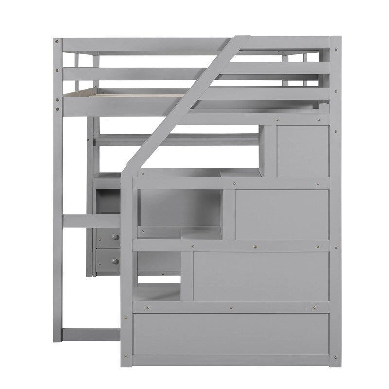 Lit mezzanine double en bois avec bureau, étagères, deux tiroirs intégrés et escalier de rangement