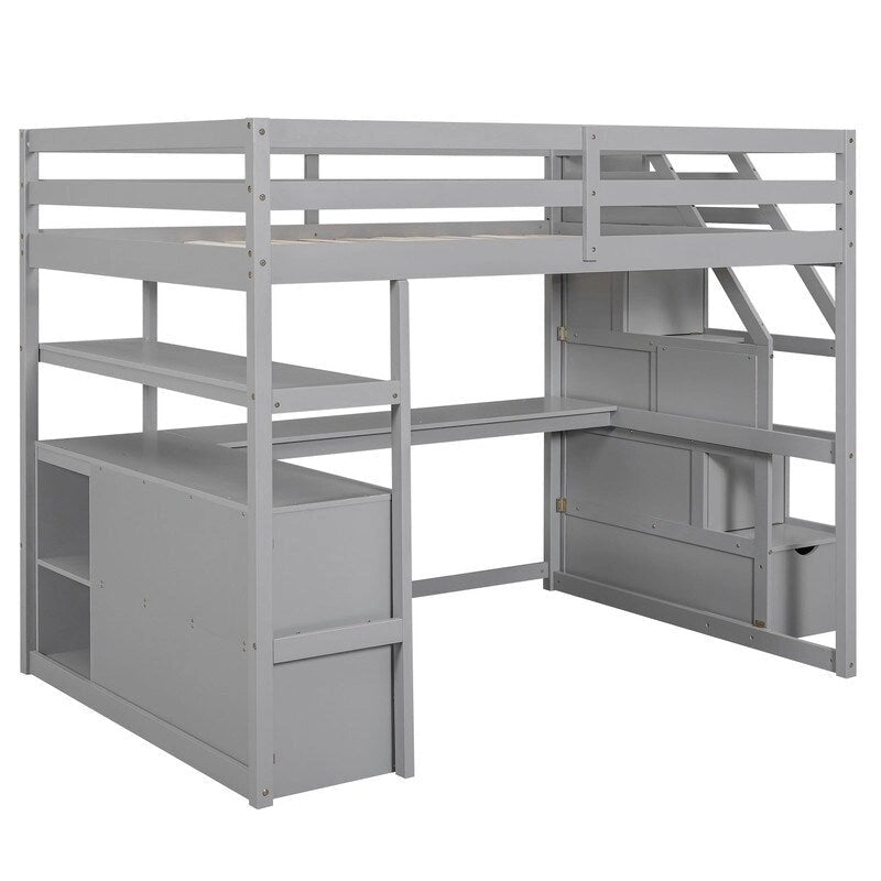 Lit mezzanine double en bois avec bureau, étagères, deux tiroirs intégrés et escalier de rangement