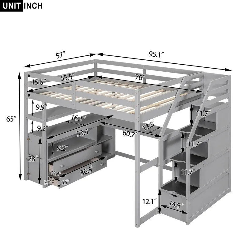 Lit mezzanine double en bois avec bureau, étagères, deux tiroirs intégrés et escalier de rangement