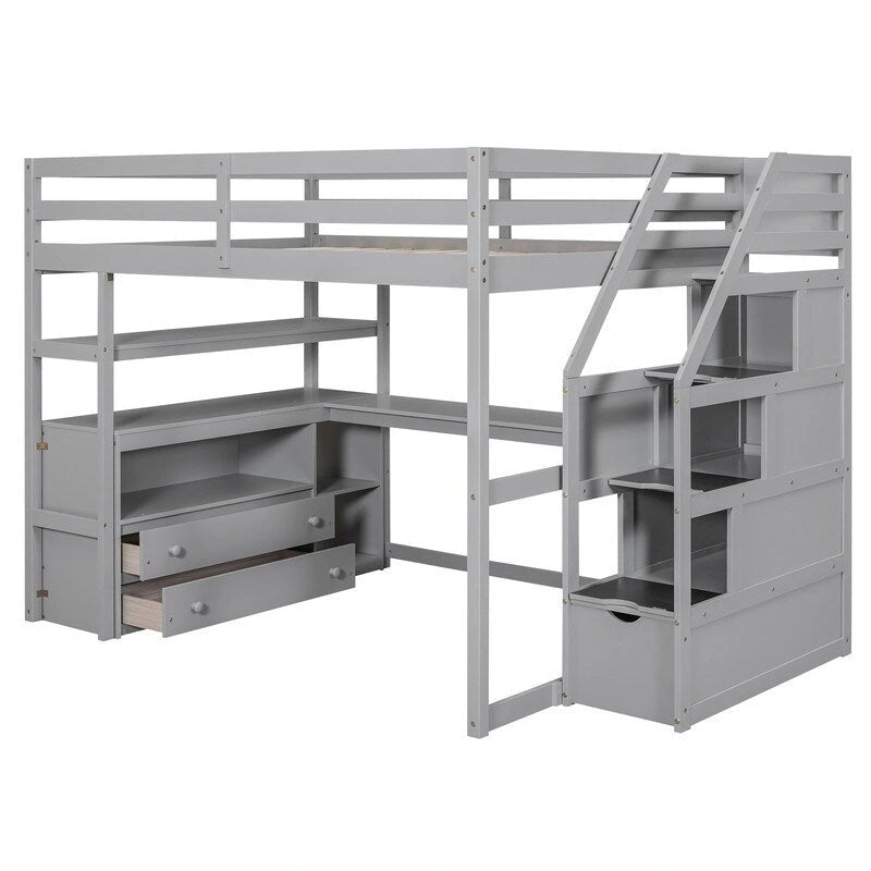 Lit mezzanine double en bois avec bureau, étagères, deux tiroirs intégrés et escalier de rangement