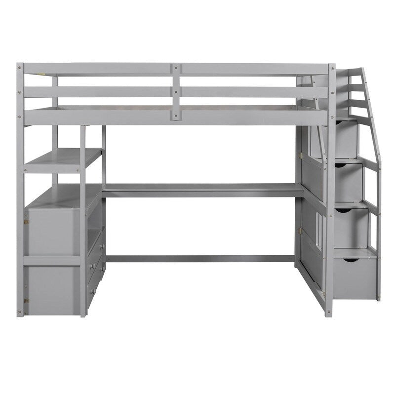 Lit mezzanine double en bois avec bureau, étagères, deux tiroirs intégrés et escalier de rangement