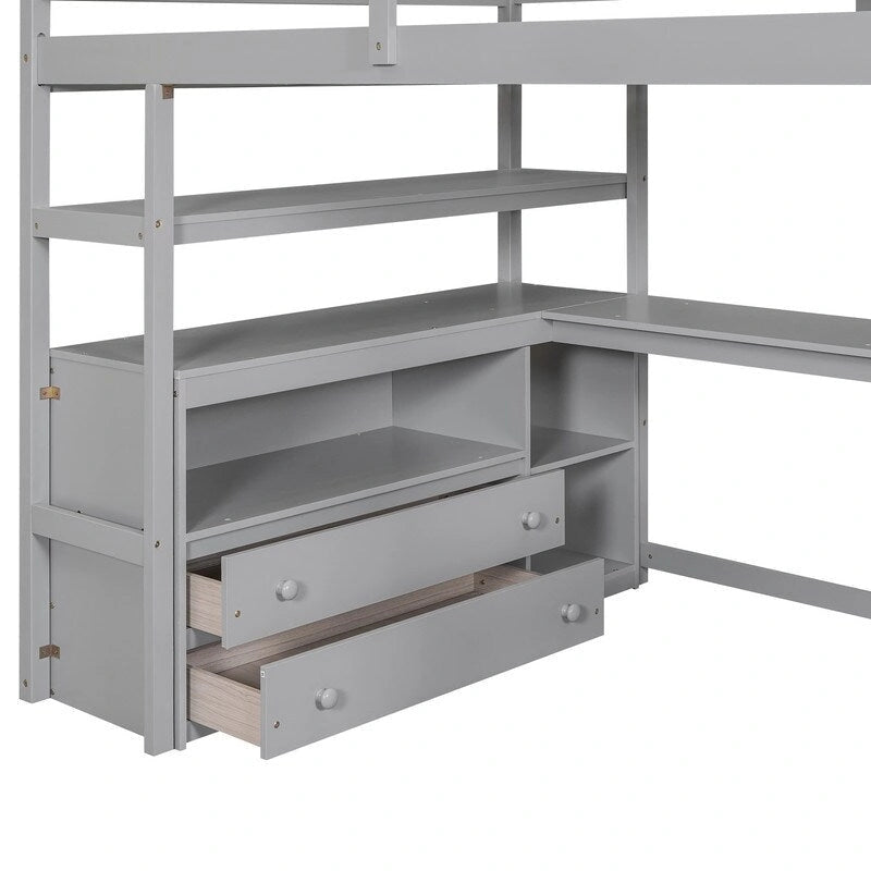 Lit mezzanine double en bois avec bureau, étagères, deux tiroirs intégrés et escalier de rangement