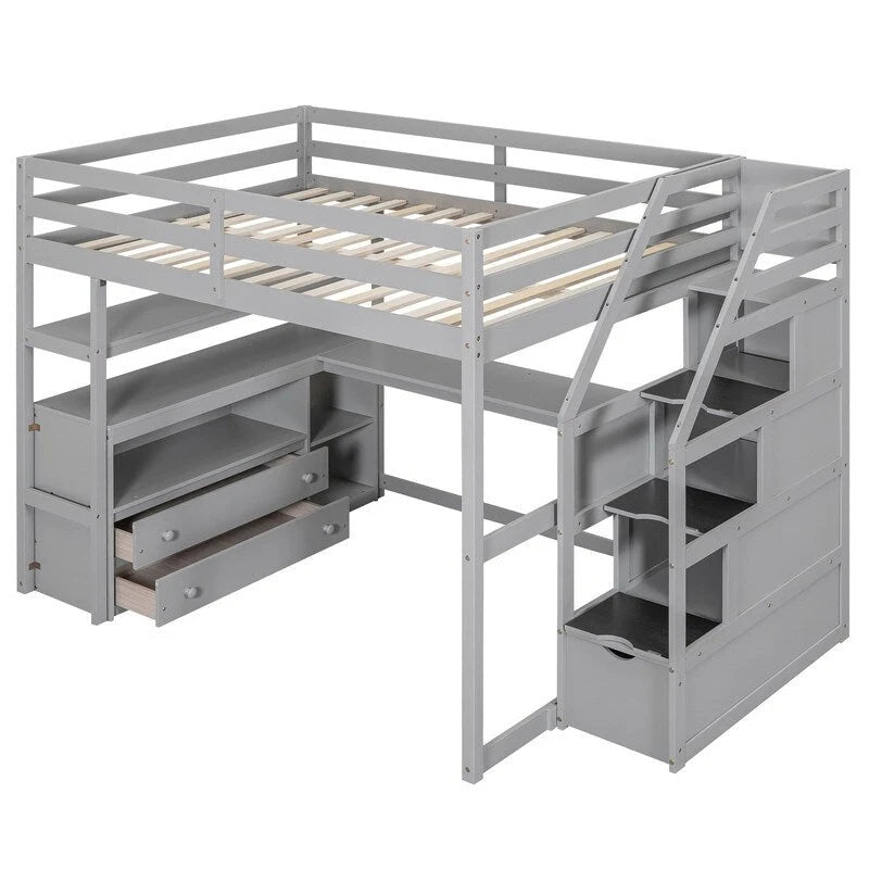 Lit mezzanine double en bois avec bureau, étagères, deux tiroirs intégrés et escalier de rangement