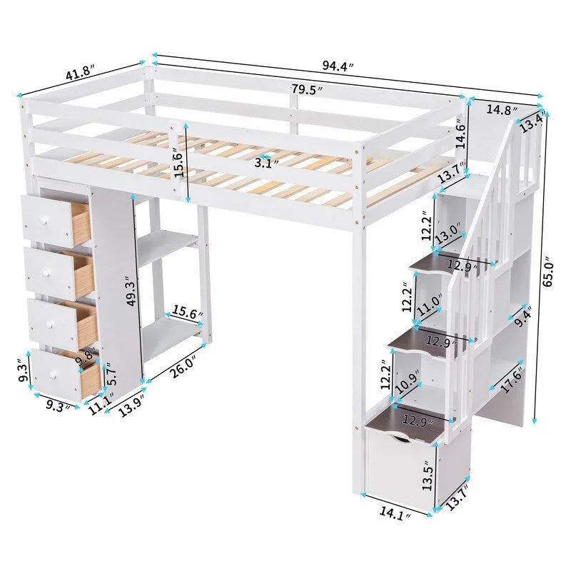 Lit mezzanine double avec tiroirs de rangement, escalier et étagères