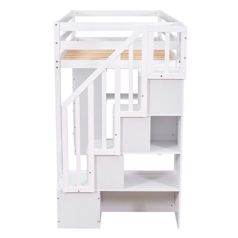 Lit mezzanine double avec tiroirs de rangement, escalier et étagères