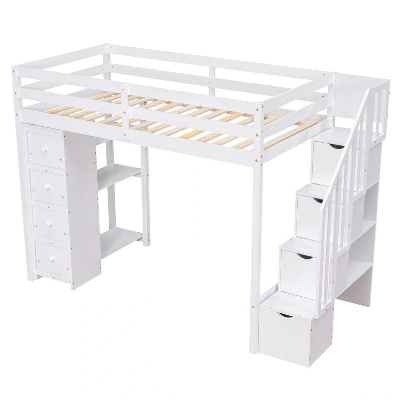 Lit mezzanine double avec tiroirs de rangement, escalier et étagères