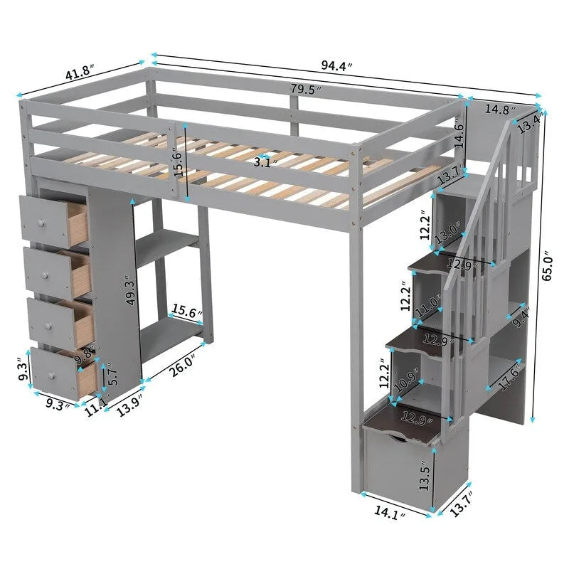 Lit mezzanine double avec tiroirs de rangement, escalier et étagères