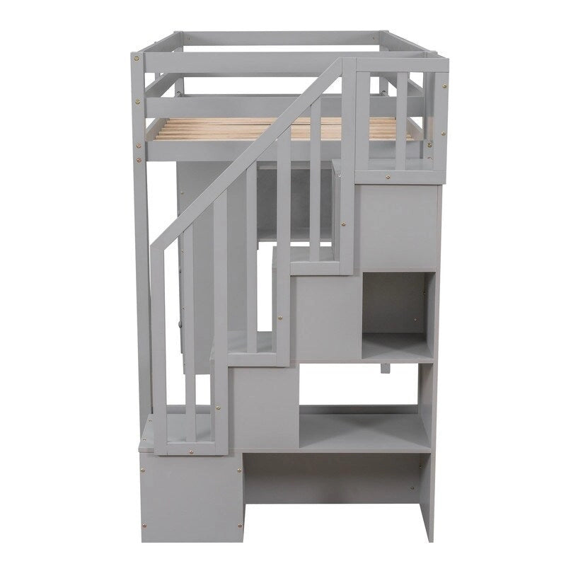 Lit mezzanine double avec tiroirs de rangement, escalier et étagères