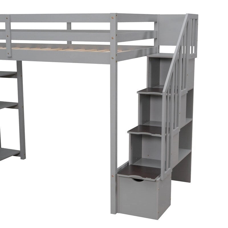 Lit mezzanine double avec tiroirs de rangement, escalier et étagères