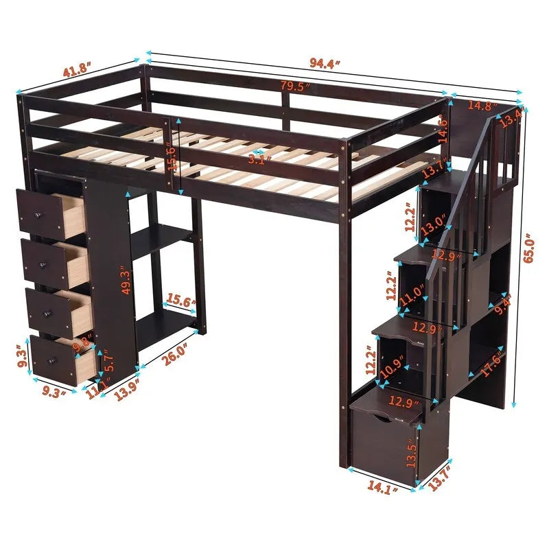 Lit mezzanine double avec tiroirs de rangement, escalier et étagères