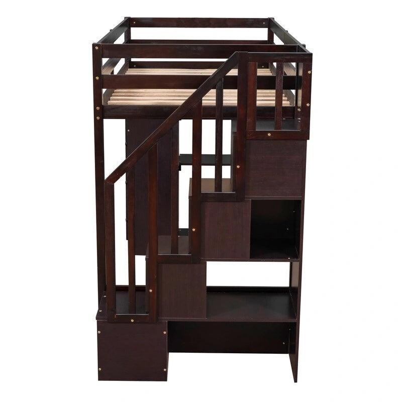 Lit mezzanine double avec tiroirs de rangement, escalier et étagères