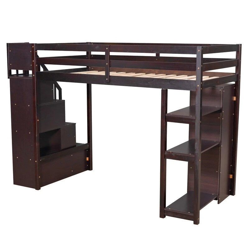 Lit mezzanine double avec tiroirs de rangement, escalier et étagères
