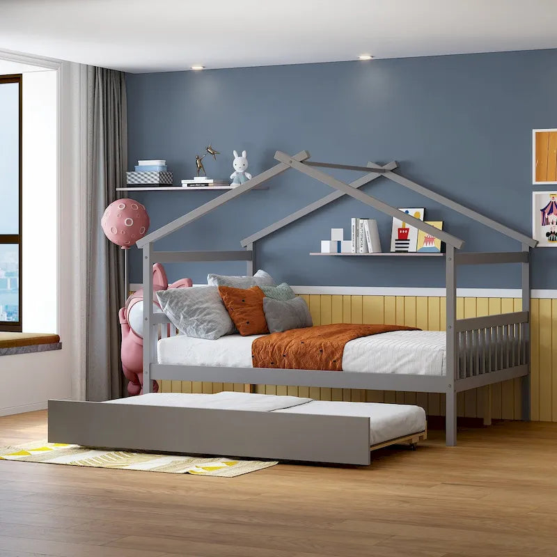 Wooden Full House Day Bed with Trundle