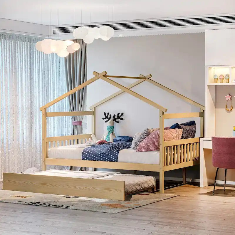 Wooden Full House Day Bed with Trundle