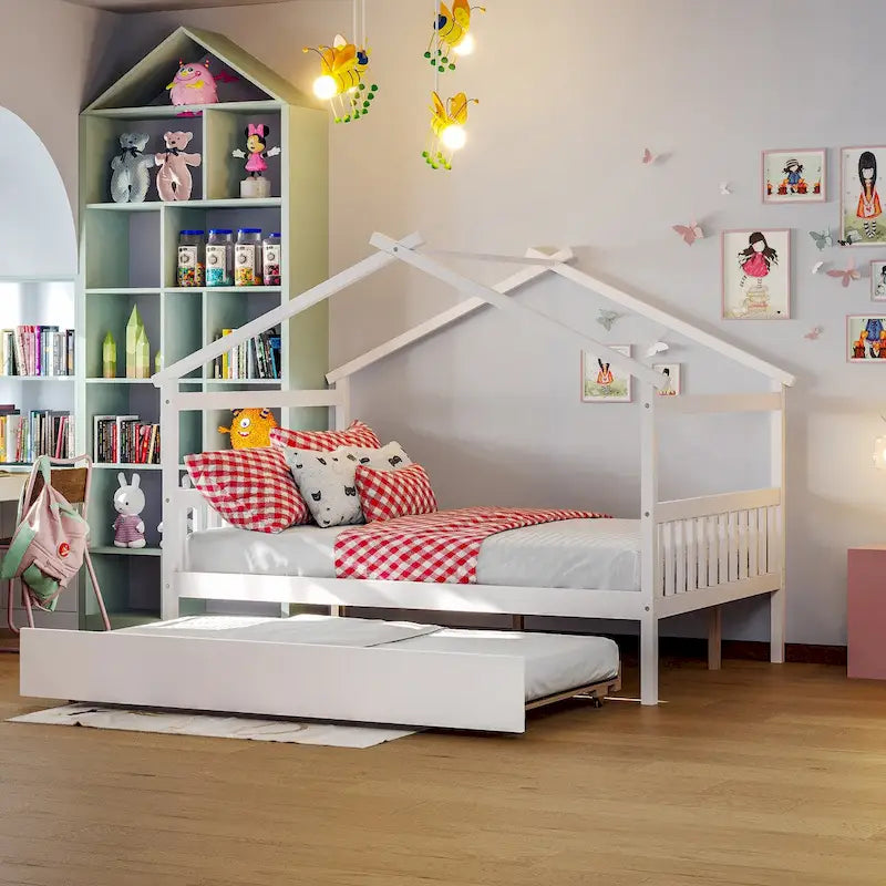 Wooden Full House Day Bed with Trundle
