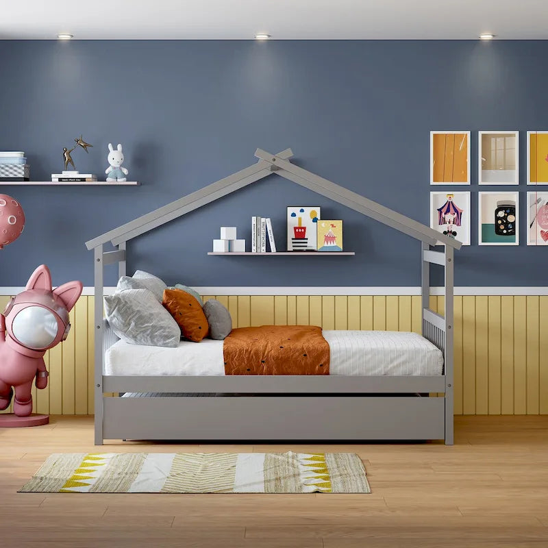 Wooden Full House Day Bed with Trundle