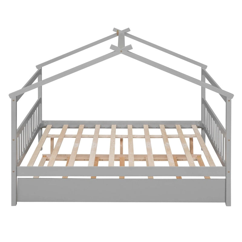 Wooden Full House Day Bed with Trundle