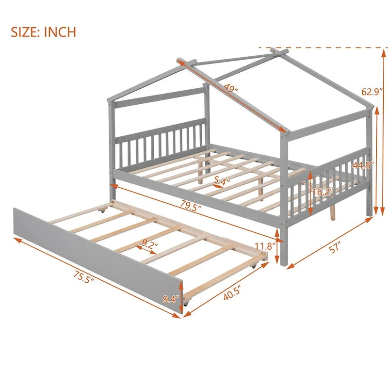 Wooden Full House Day Bed with Trundle