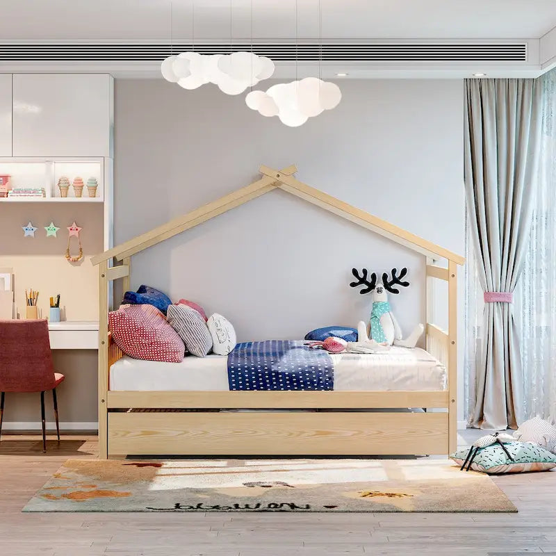 Wooden Full House Day Bed with Trundle