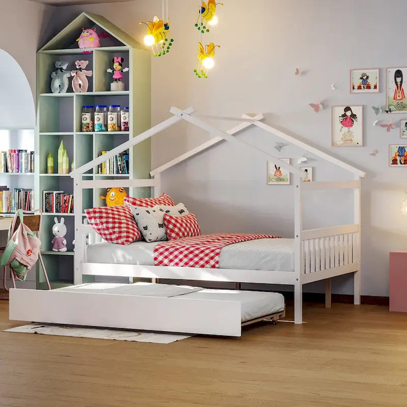 Wooden Full House Day Bed with Trundle