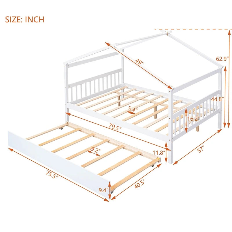 Wooden Full House Day Bed with Trundle