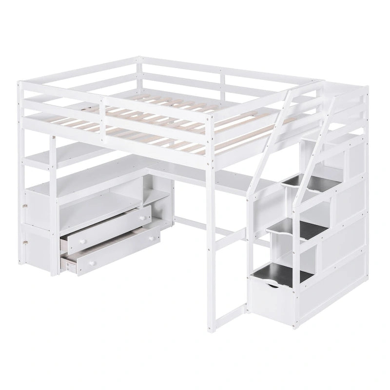 Lit mezzanine blanc avec bureau, étagères, deux tiroirs intégrés et escalier de rangement