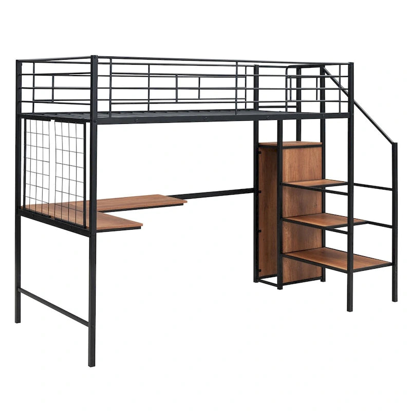 Lit mezzanine métallique une place avec bureau, grille métallique, échelle de rangement latérale et armoire