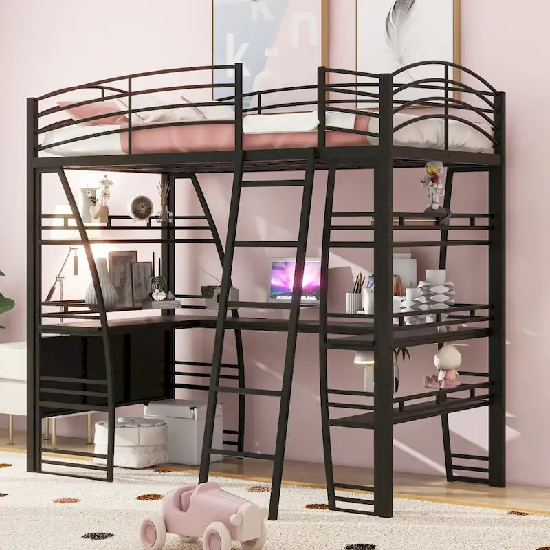 Lit mezzanine double avec étagères à 4 niveaux, bureau en L, prises de courant, ports USB et charge sans fil