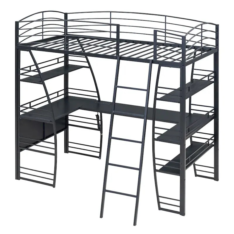 Lit mezzanine double avec étagères à 4 niveaux, bureau en L, prises de courant, ports USB et charge sans fil