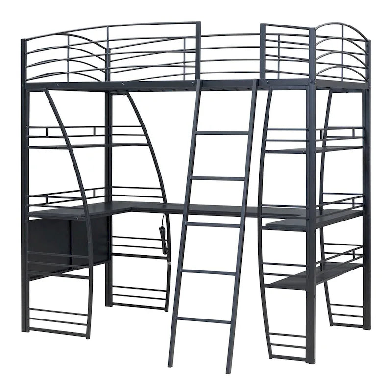 Lit mezzanine double avec étagères à 4 niveaux, bureau en L, prises de courant, ports USB et charge sans fil