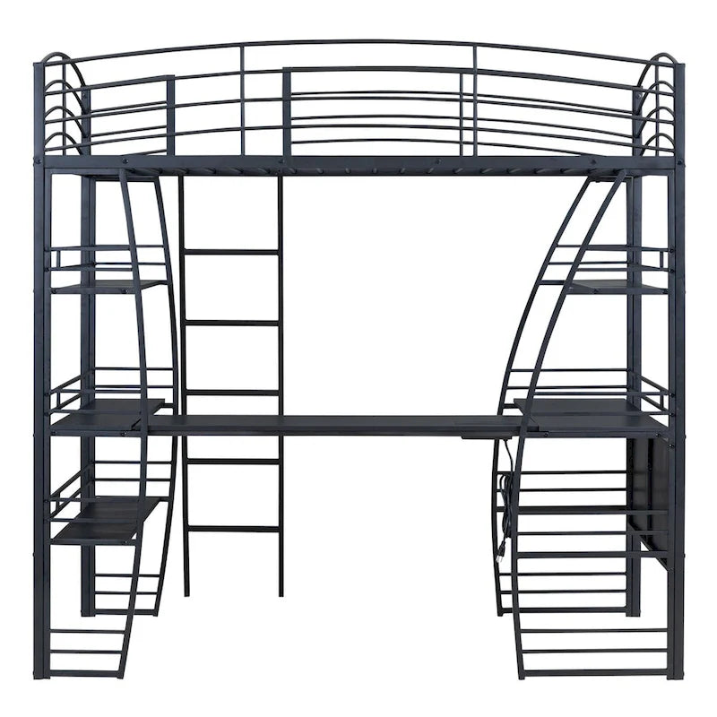 Lit mezzanine double avec étagères à 4 niveaux, bureau en L, prises de courant, ports USB et charge sans fil