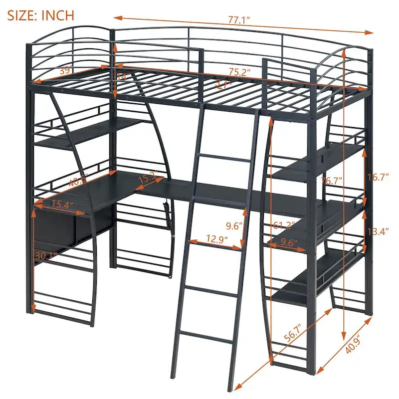 Lit mezzanine double avec étagères à 4 niveaux, bureau en L, prises de courant, ports USB et charge sans fil