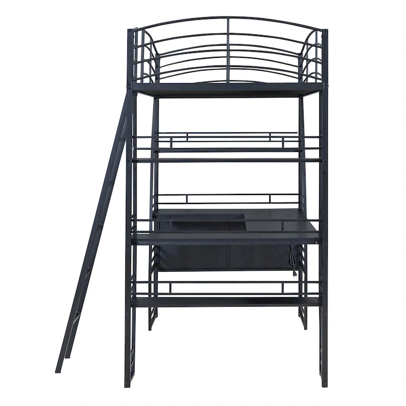 Lit mezzanine double avec étagères à 4 niveaux, bureau en L, prises de courant, ports USB et charge sans fil
