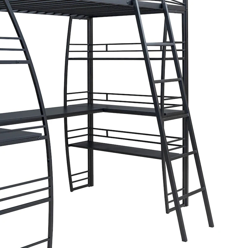 Lit mezzanine double avec étagères à 4 niveaux, bureau en L, prises de courant, ports USB et charge sans fil
