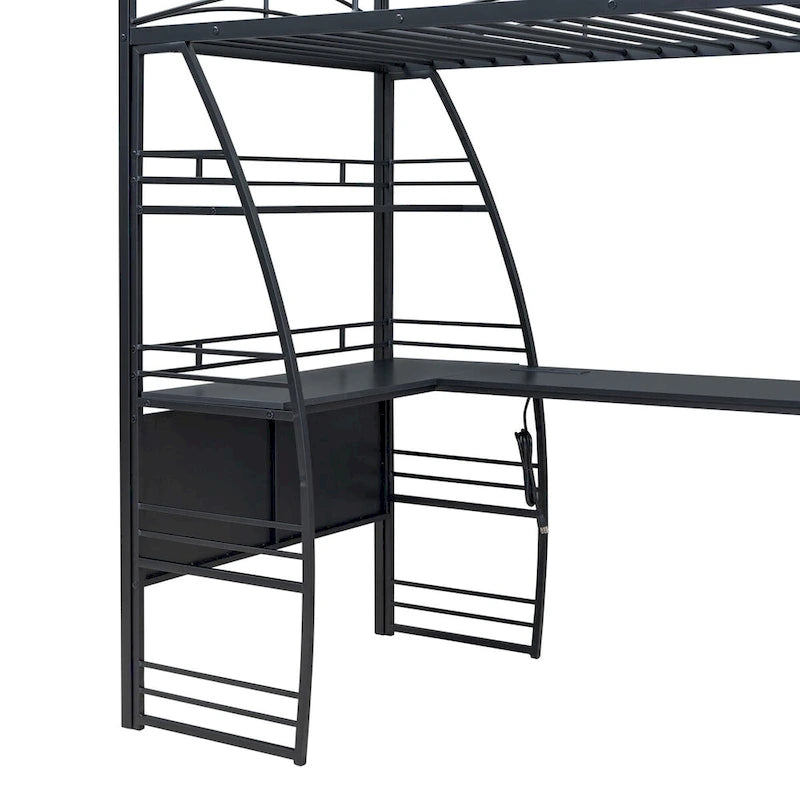 Lit mezzanine double avec étagères à 4 niveaux, bureau en L, prises de courant, ports USB et charge sans fil