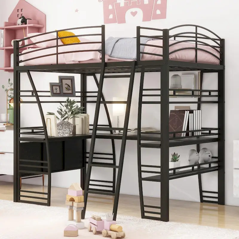 Lit mezzanine double avec étagères à 4 niveaux, bureau en L, prises de courant, ports USB et charge sans fil